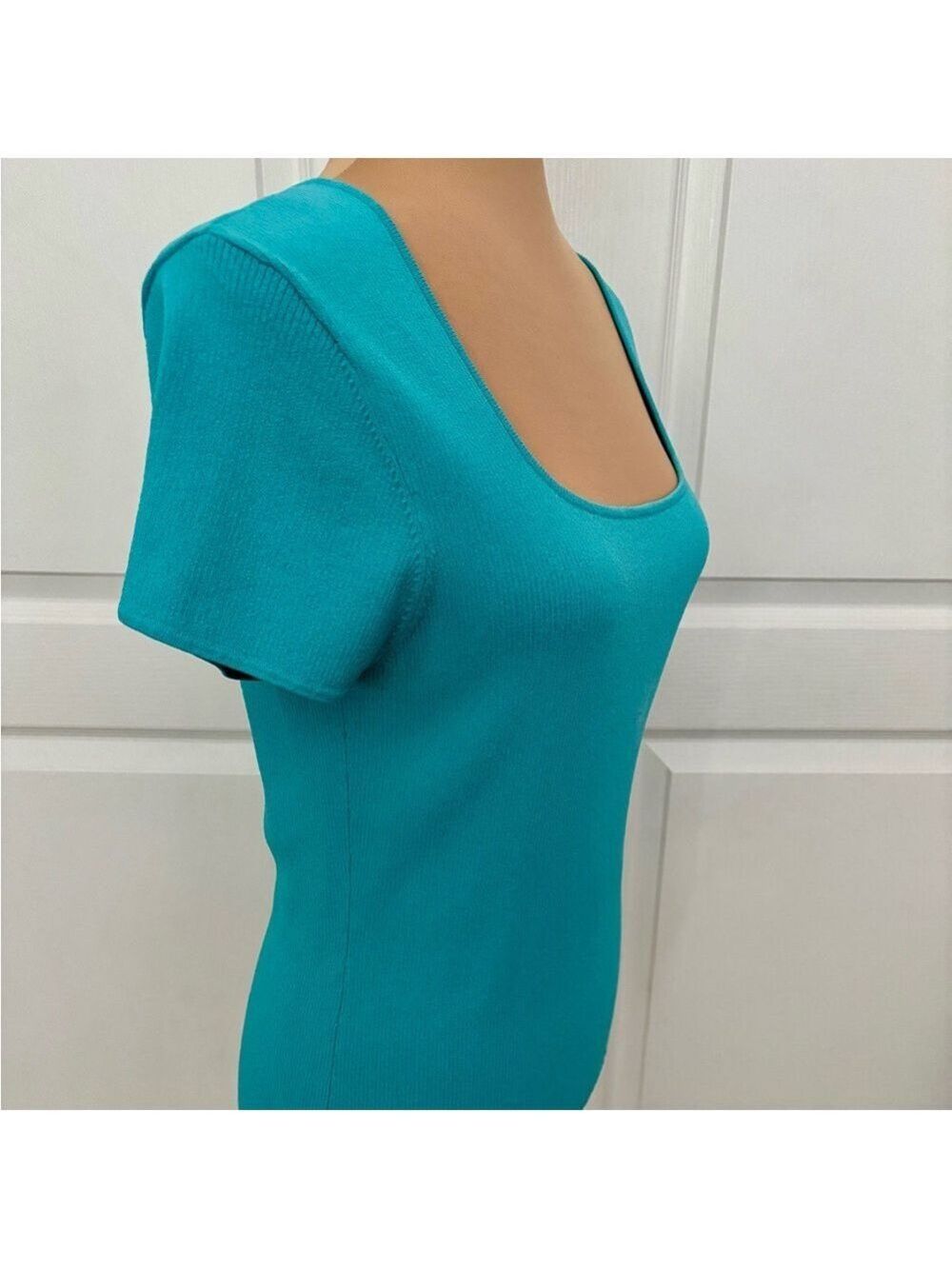 Kasper Turquoise Ribbed Knit Top | Wide Square Neck | Size Large - Picture 5 of 10